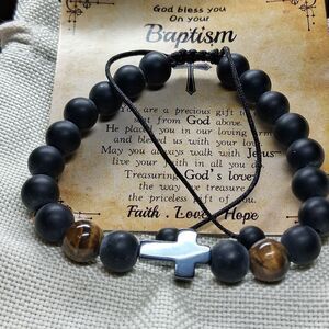 Bracelet Baptism Beaded Black And Brown/Cross Gift Package New